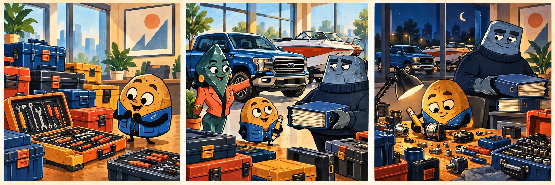 Chip admires a new stack of toolboxes.