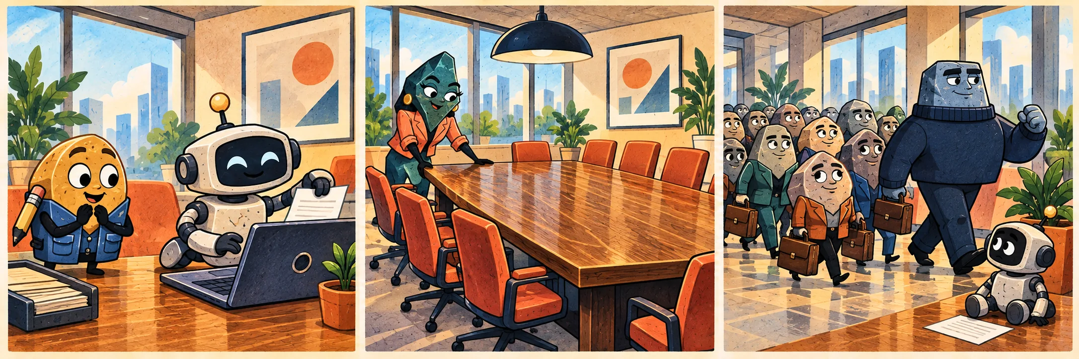 A little robot completes the work while Chip watches.