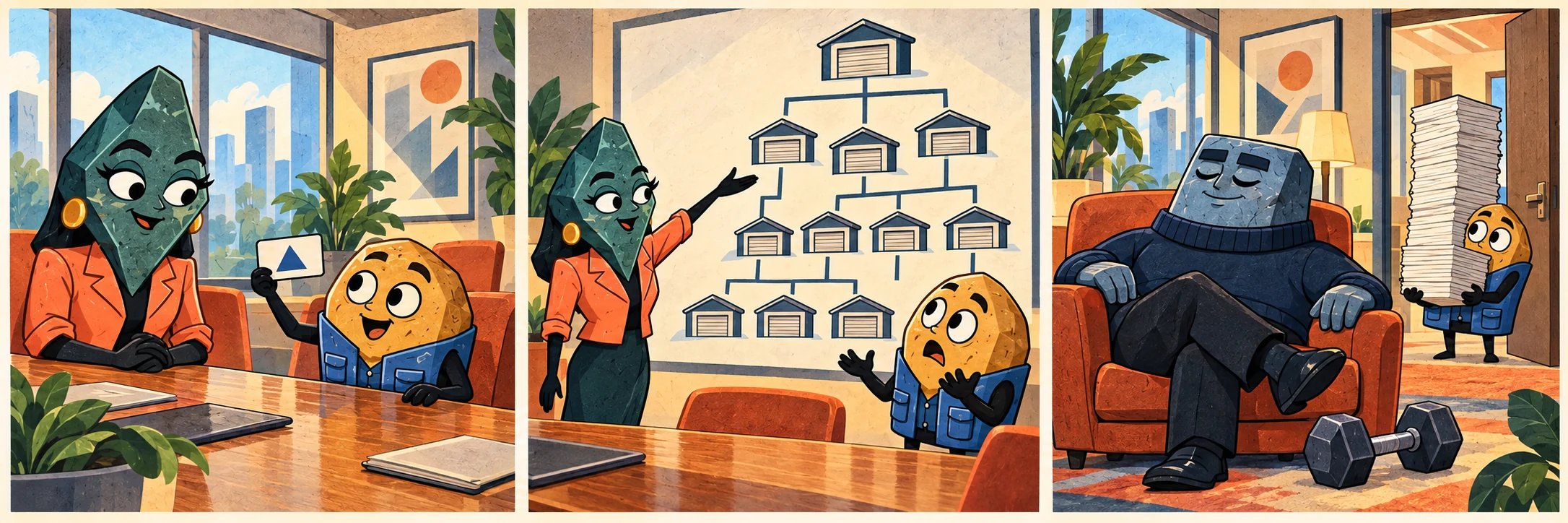 Chip holds a membership card beside Vera at a conference table.