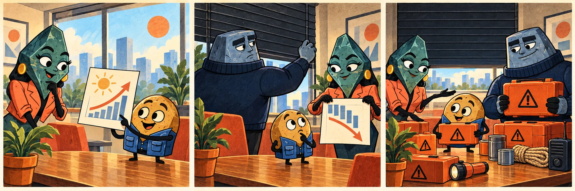 Chip presents positive news to Vera in a sunlit office.