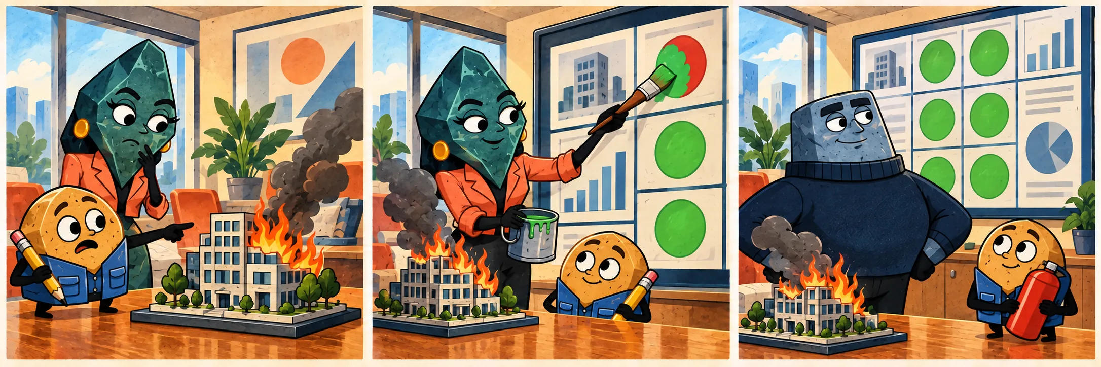 Chip points at a burning model of the project.