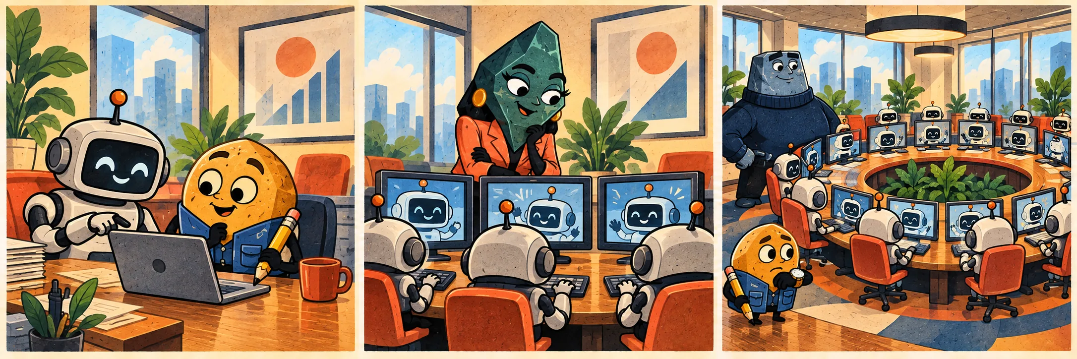 Chip approaches a helpful-looking office robot.