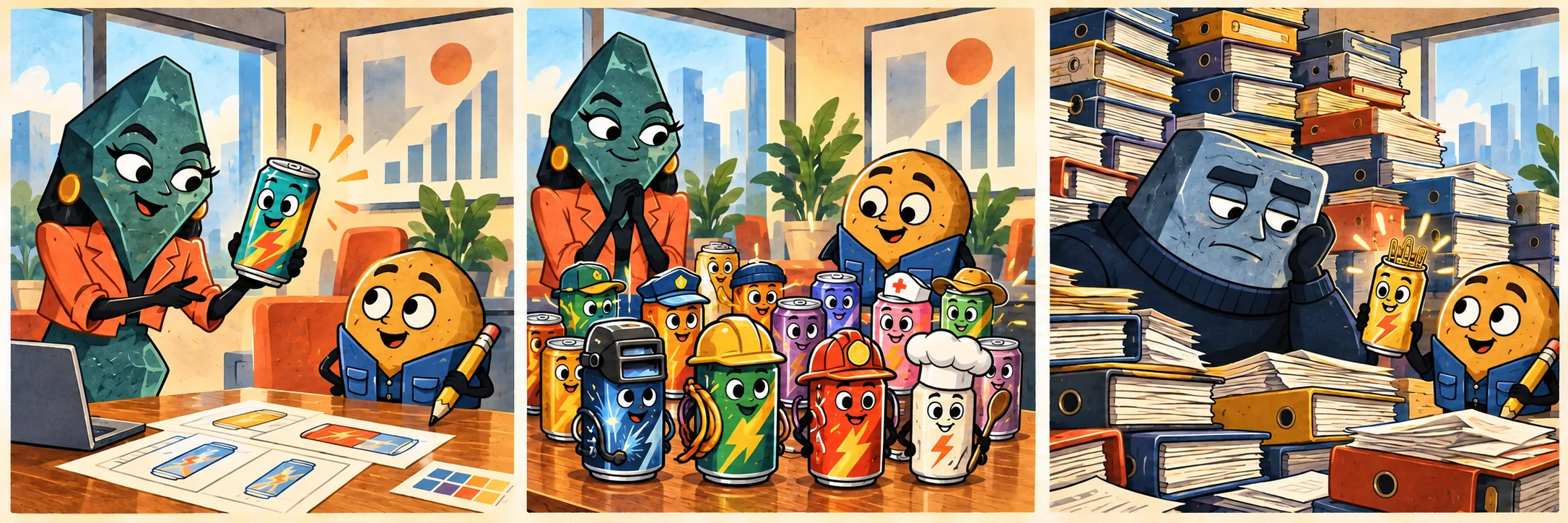 Vera presents an energy-drink can to Chip.