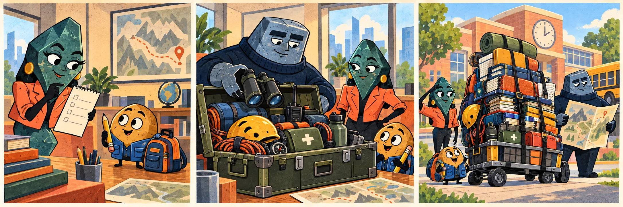 Chip shows Vera a pencil and a small school bag.