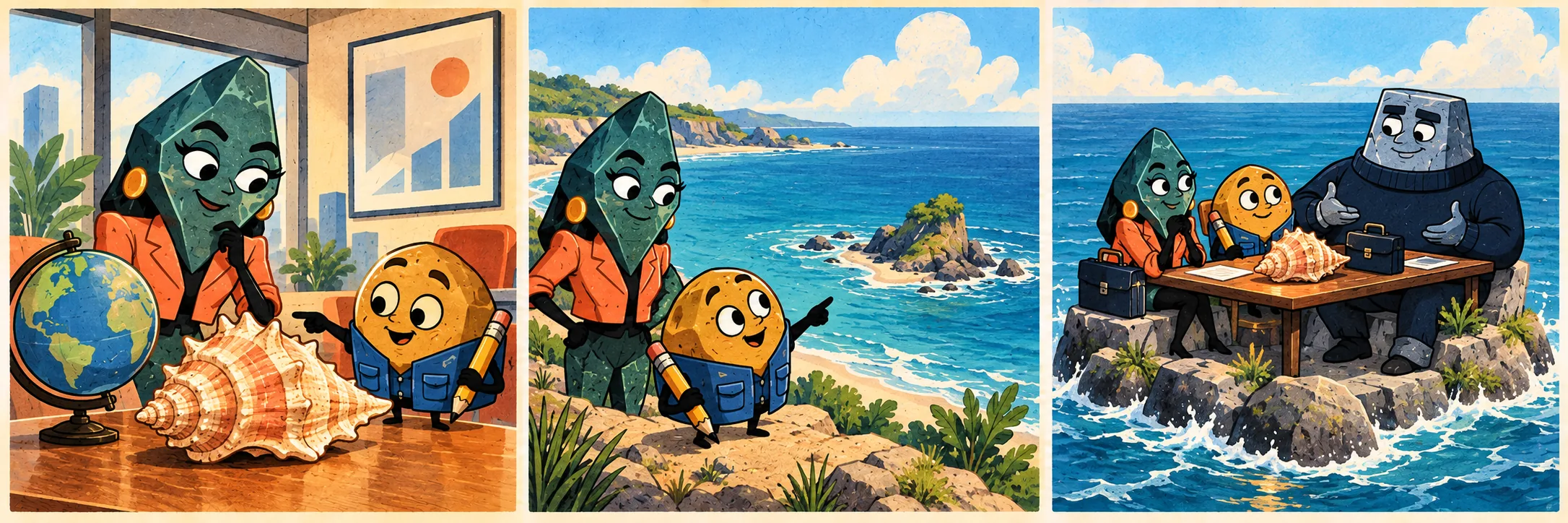 Vera and Chip inspect a shell beside a globe.