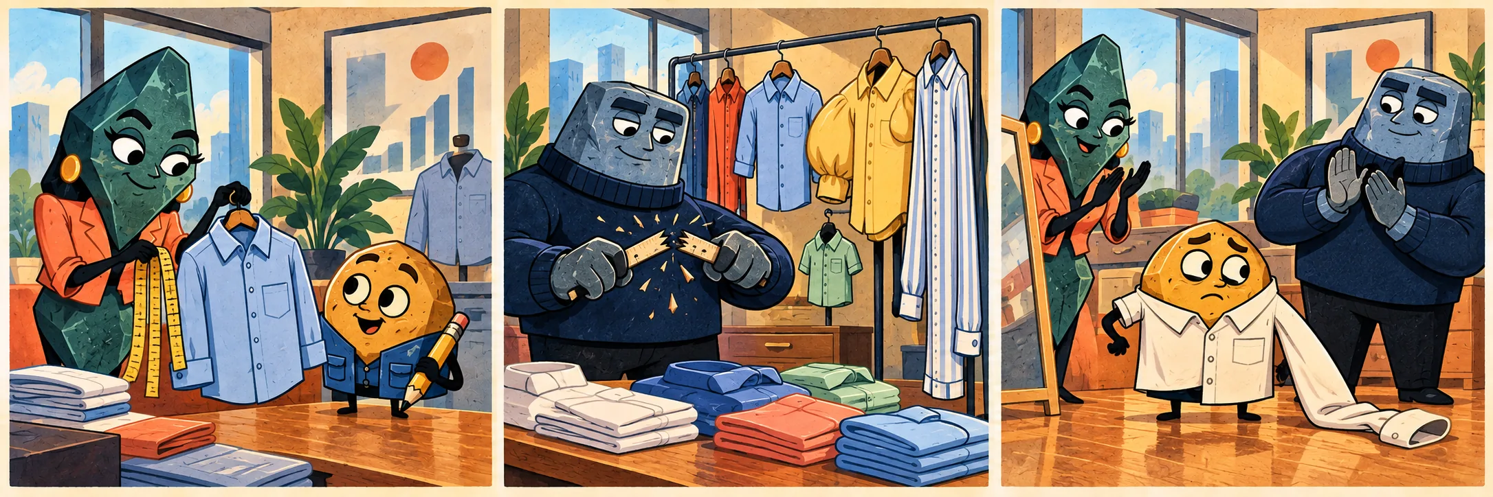 Chip asks Vera about a shirt’s measurements.