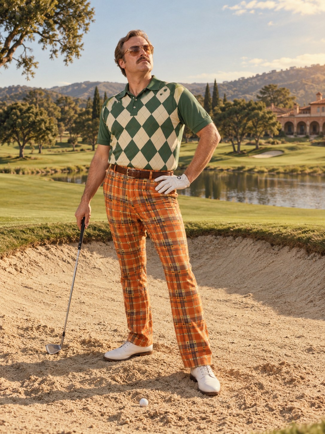 An extravagantly dressed beginner posing confidently in a golf course sand bunker