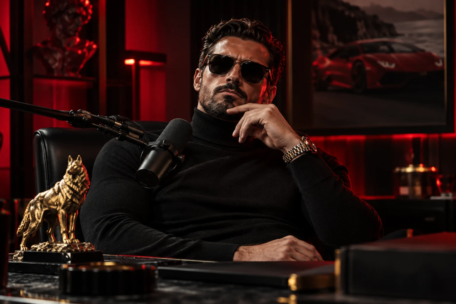An intensely serious podcast guru beside a golden wolf trophy in a red-lit studio