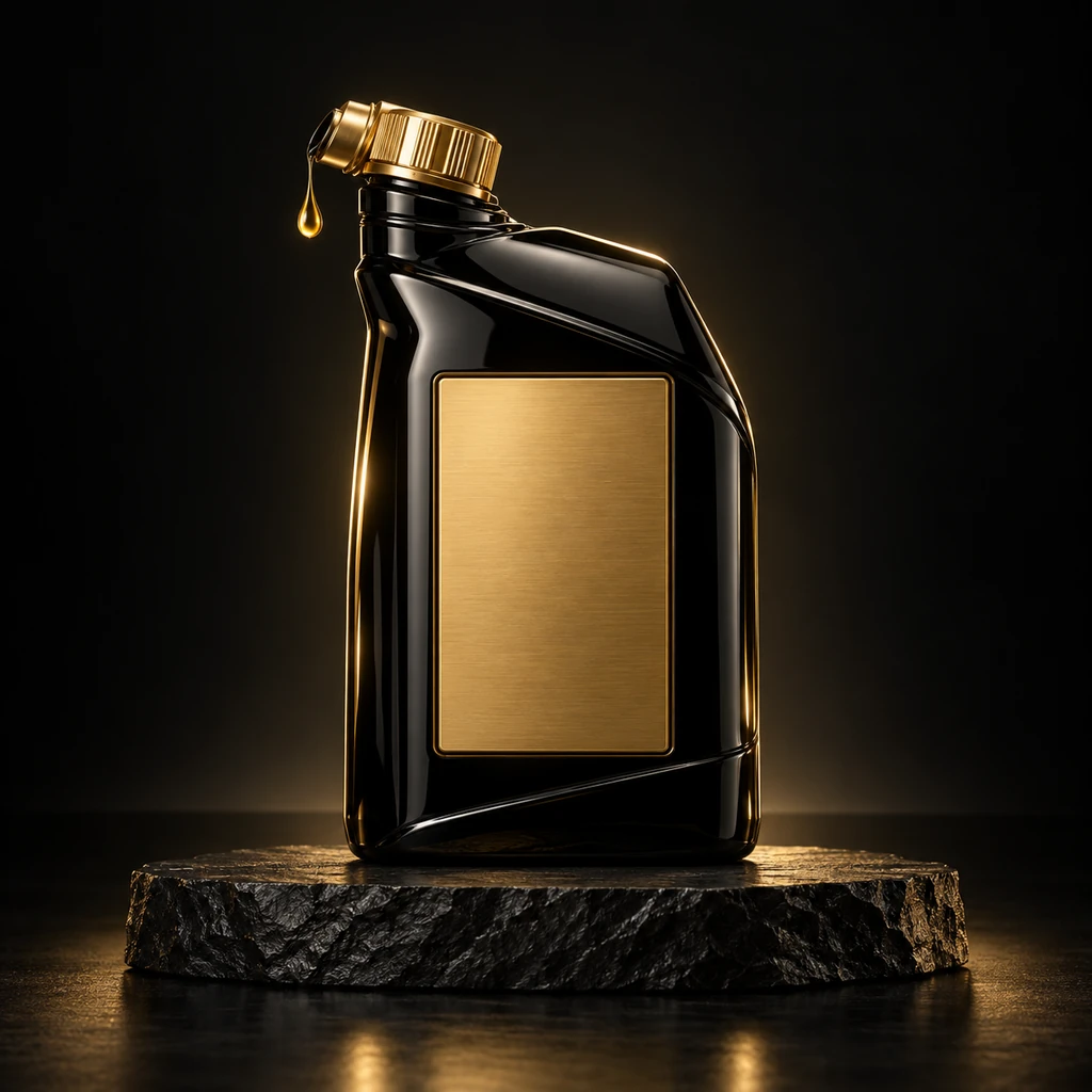 Black oil bottle with a gold cap on a dark display pedestal