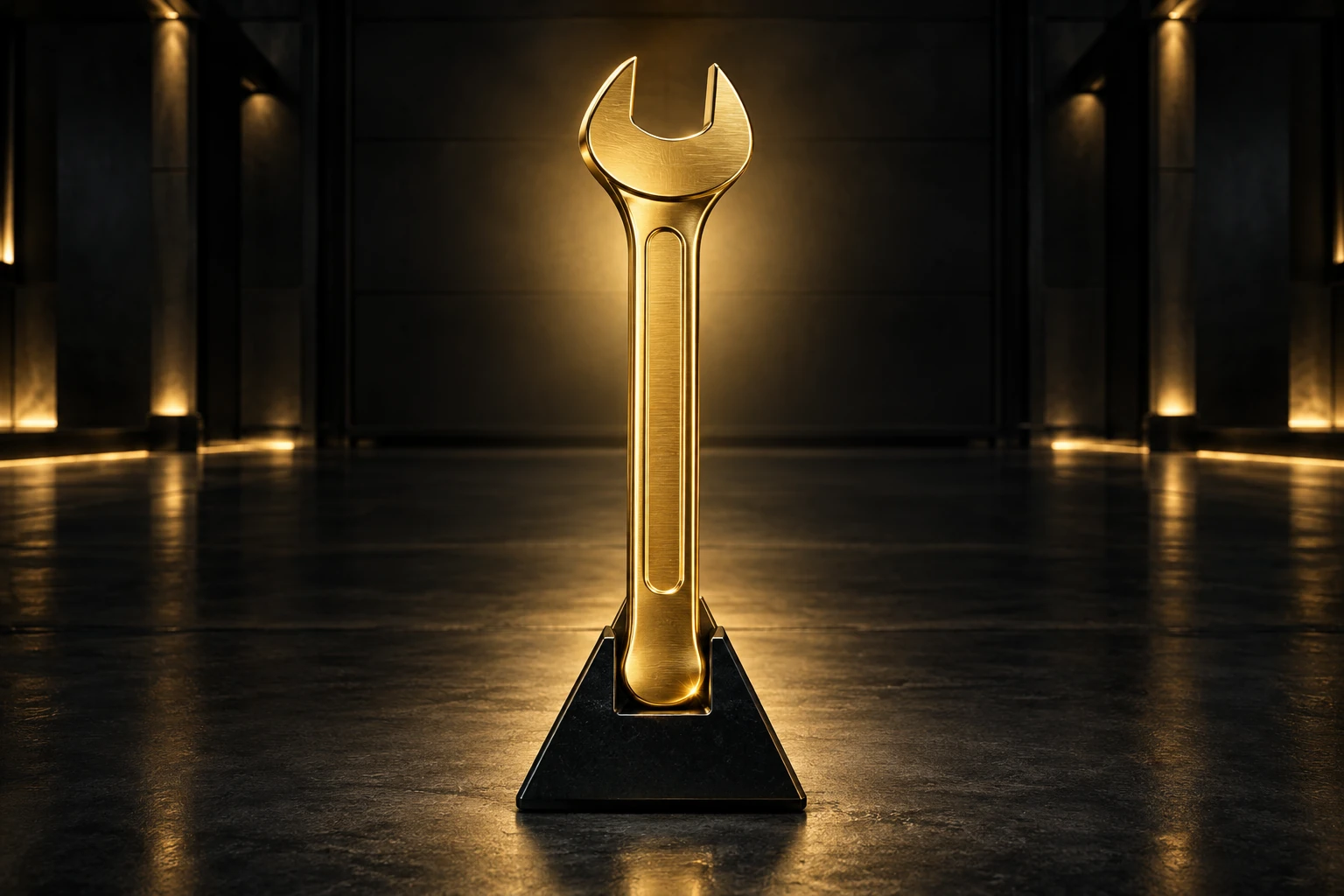 Gold-plated Quantum Wrench on a triangular black display stand