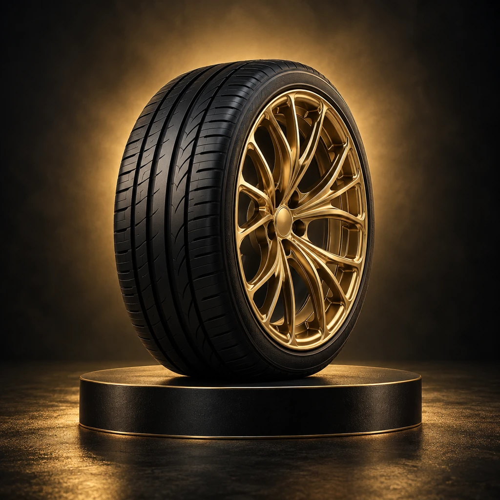 Black Spiritual Tire with an ornate gold alloy wheel and a luminous halo