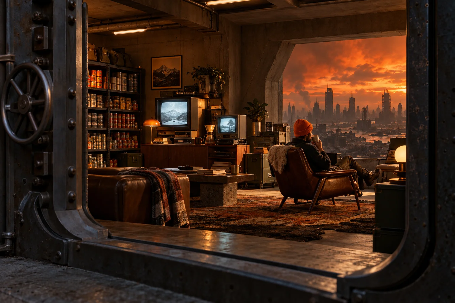 A comfortable concrete bunker with an orange-beanie occupant enjoying coffee while a hazy city looms outside