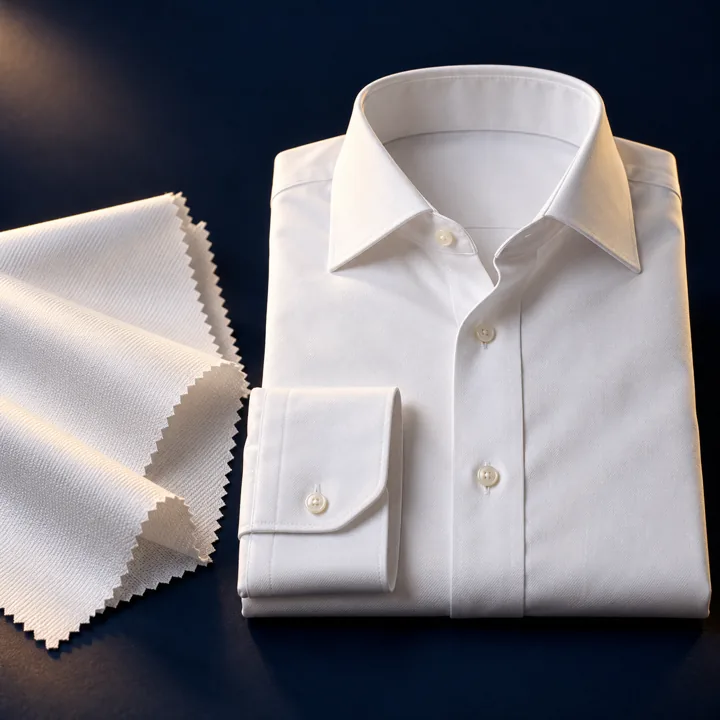 White cotton shirt and swatch on a navy surface