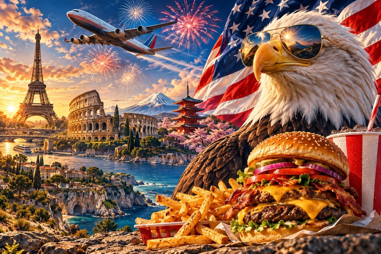 An eagle in aviator sunglasses towers over international landmarks, burgers, fries and American flags in an extravagant travel poster