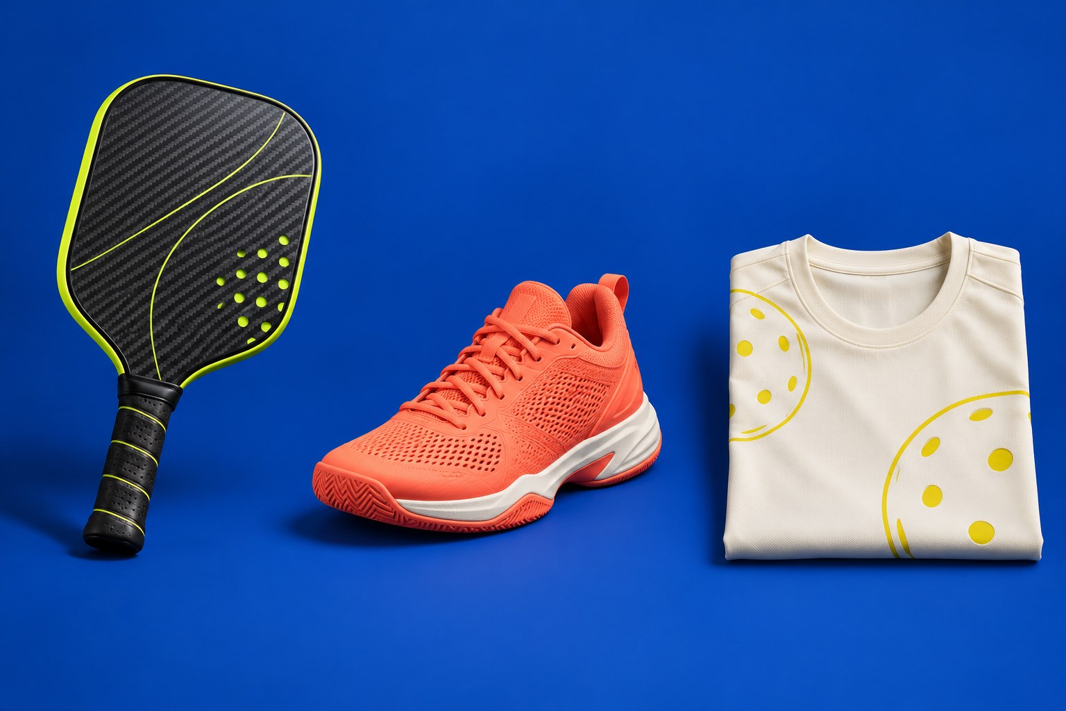 Carbon paddle, coral court shoe and pickleball shirt