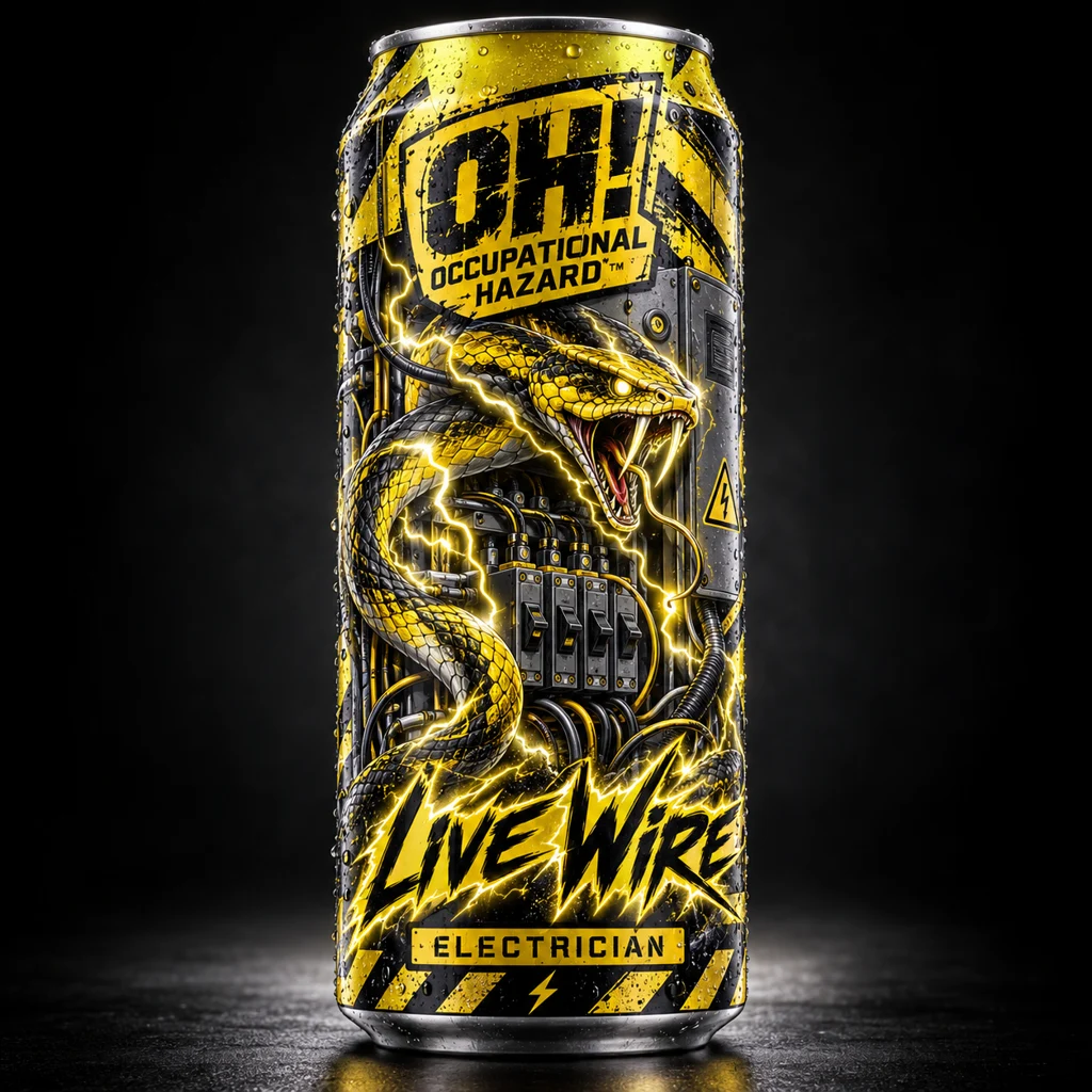 Live Wire electrician energy drink with a lightning serpent illustrated across its acid-yellow can
