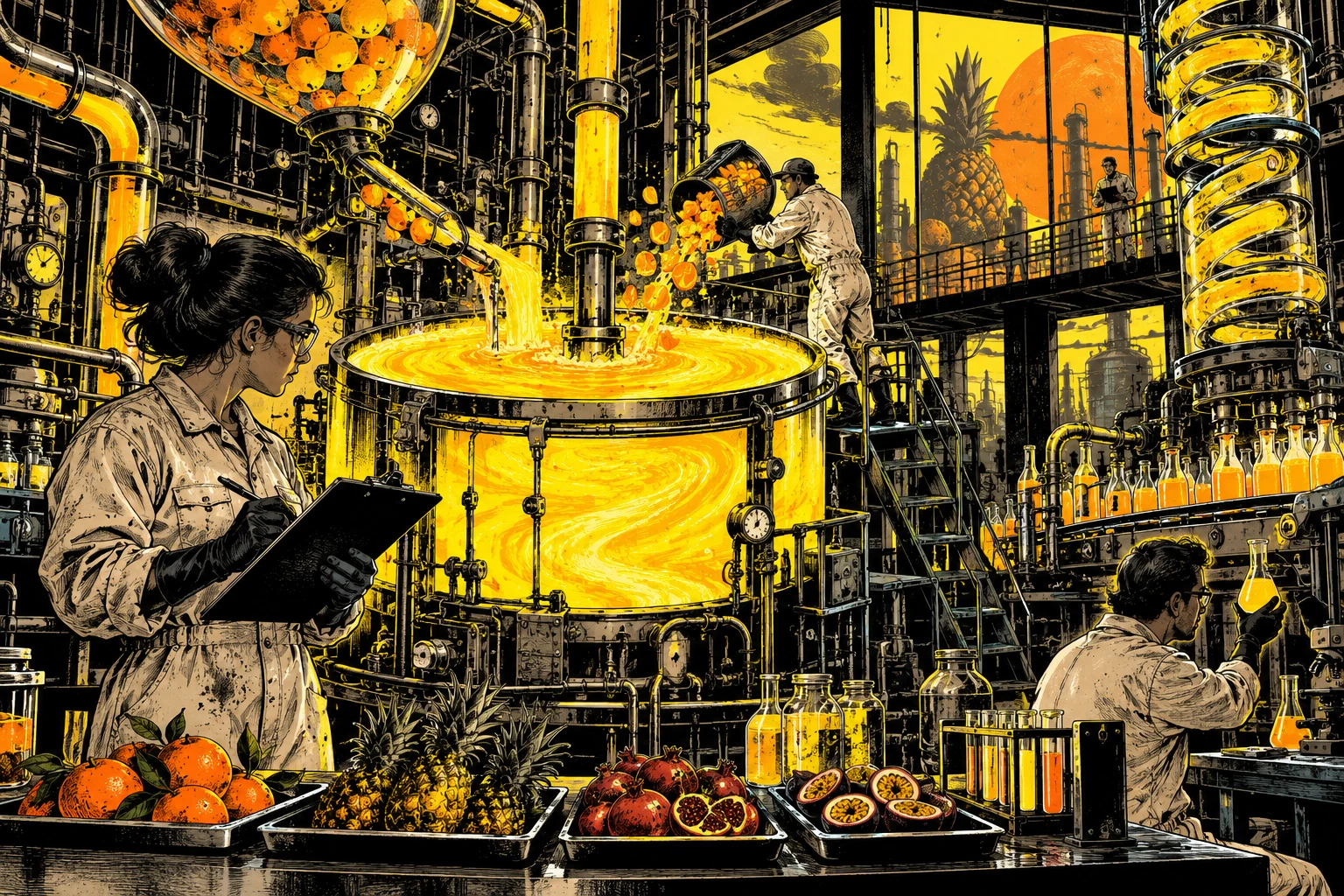Illustrated beverage research lab with scientists in overalls, glowing vats, and improbable industrial equipment
