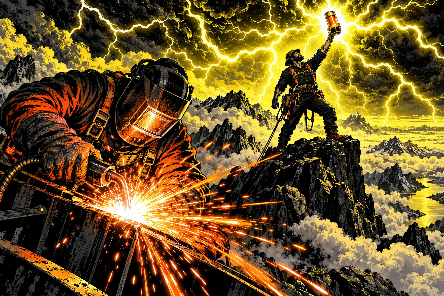Graphic-novel illustration of tradespeople facing a colossal lightning storm on a mountain