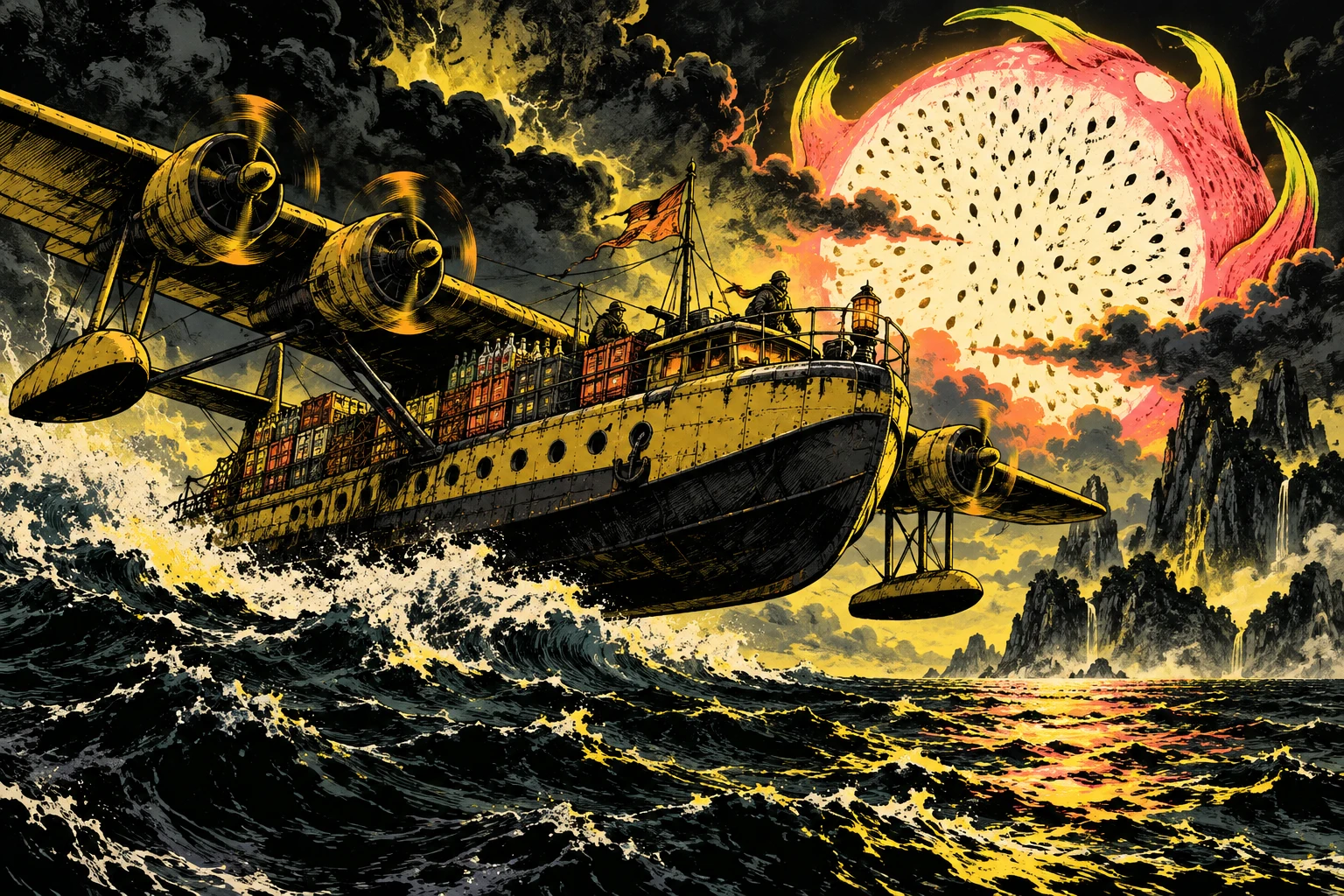 A fantastical cargo flying boat crosses a stormy ocean beneath a dragonfruit moon