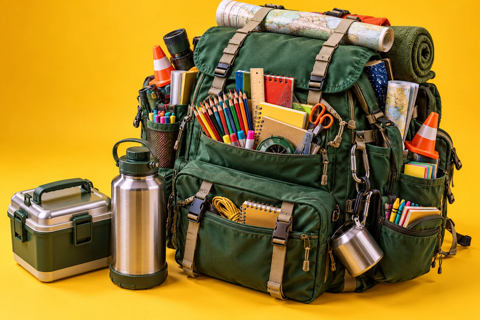 An enormous expedition backpack overloaded with school supplies, next to a lunchbox and water bottle