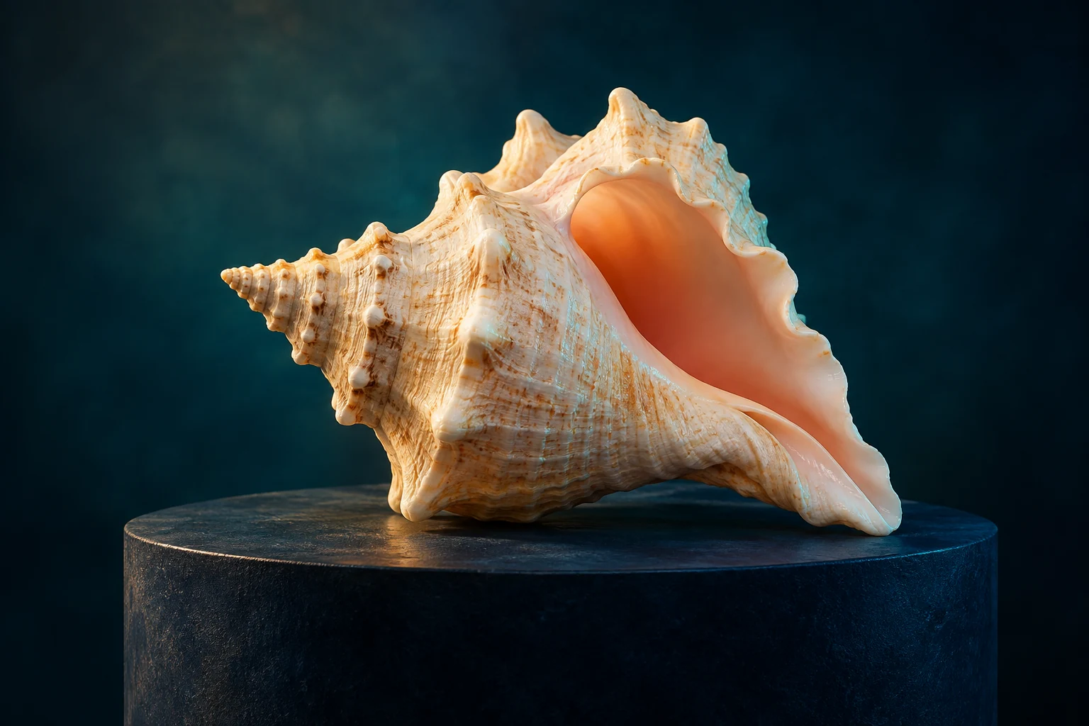 Peach conch shell on a navy display stand