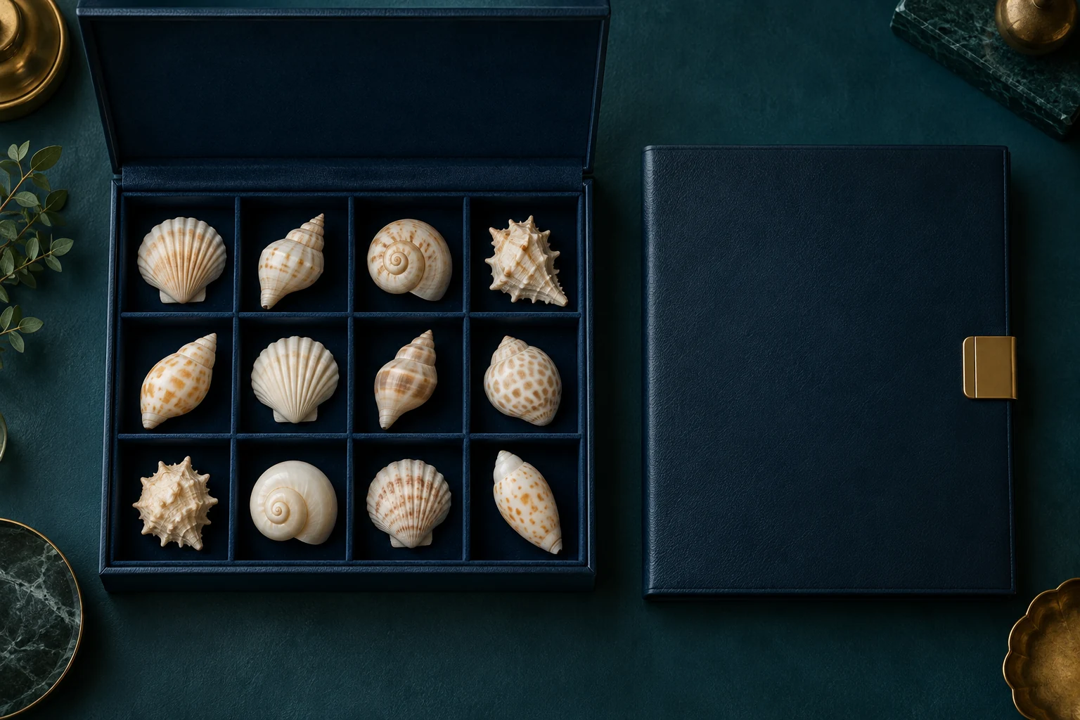 Twelve small shells in a compartmented navy presentation box