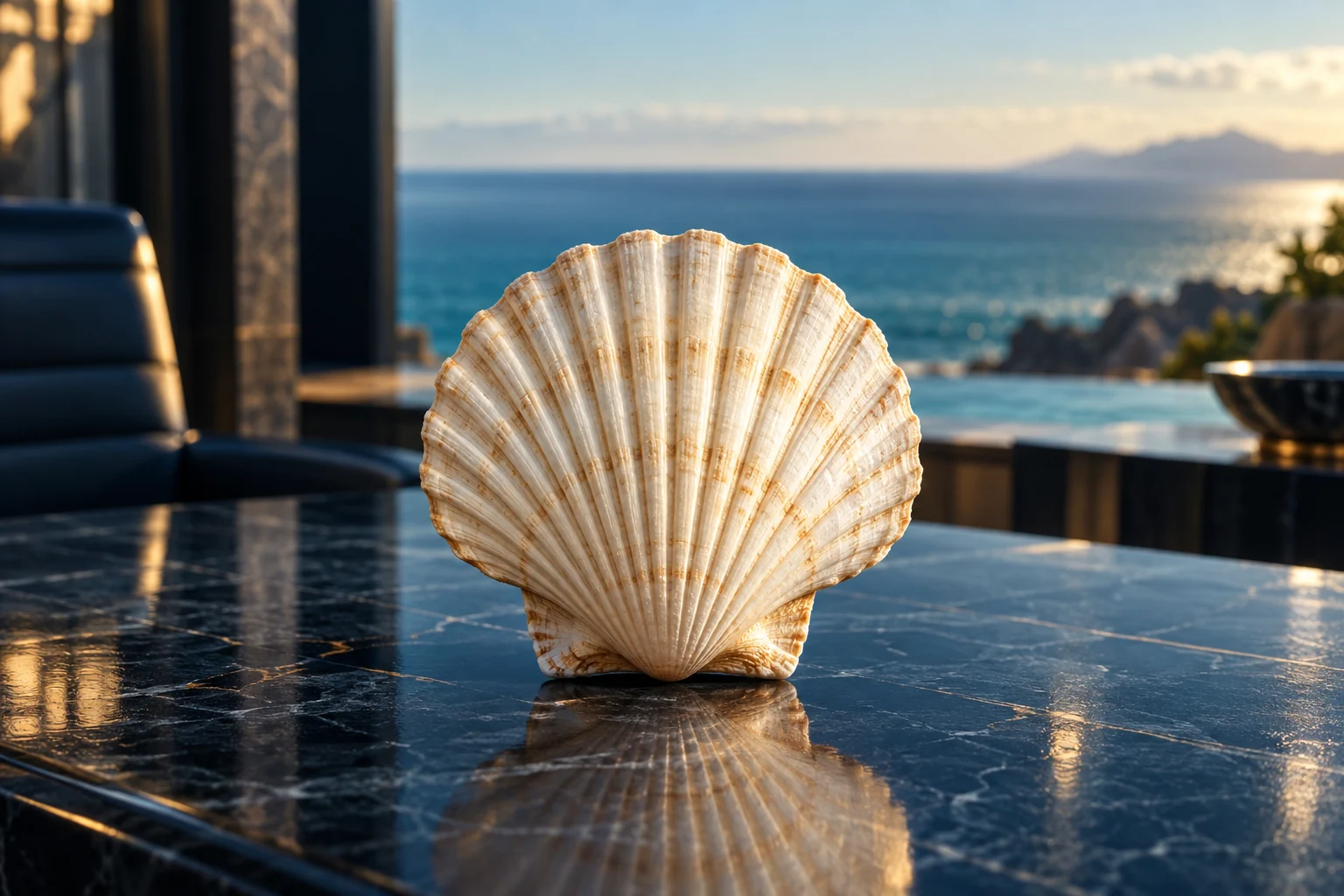 Cream scallop shell on a dark coastal desk