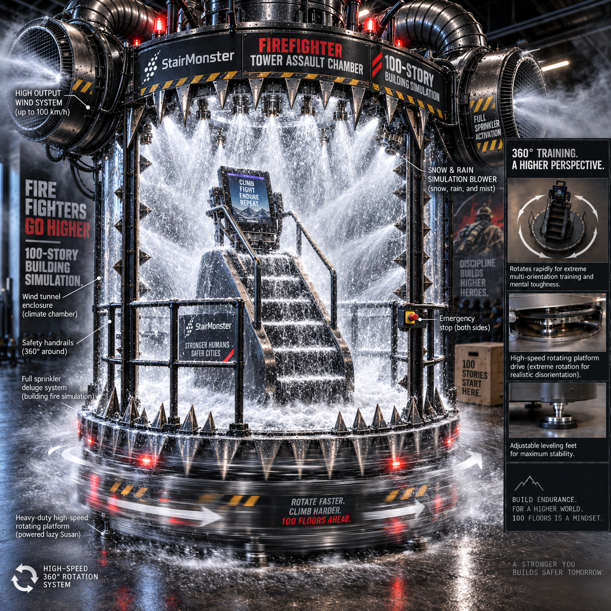Stair Monster firefighter deluge and wind training chamber