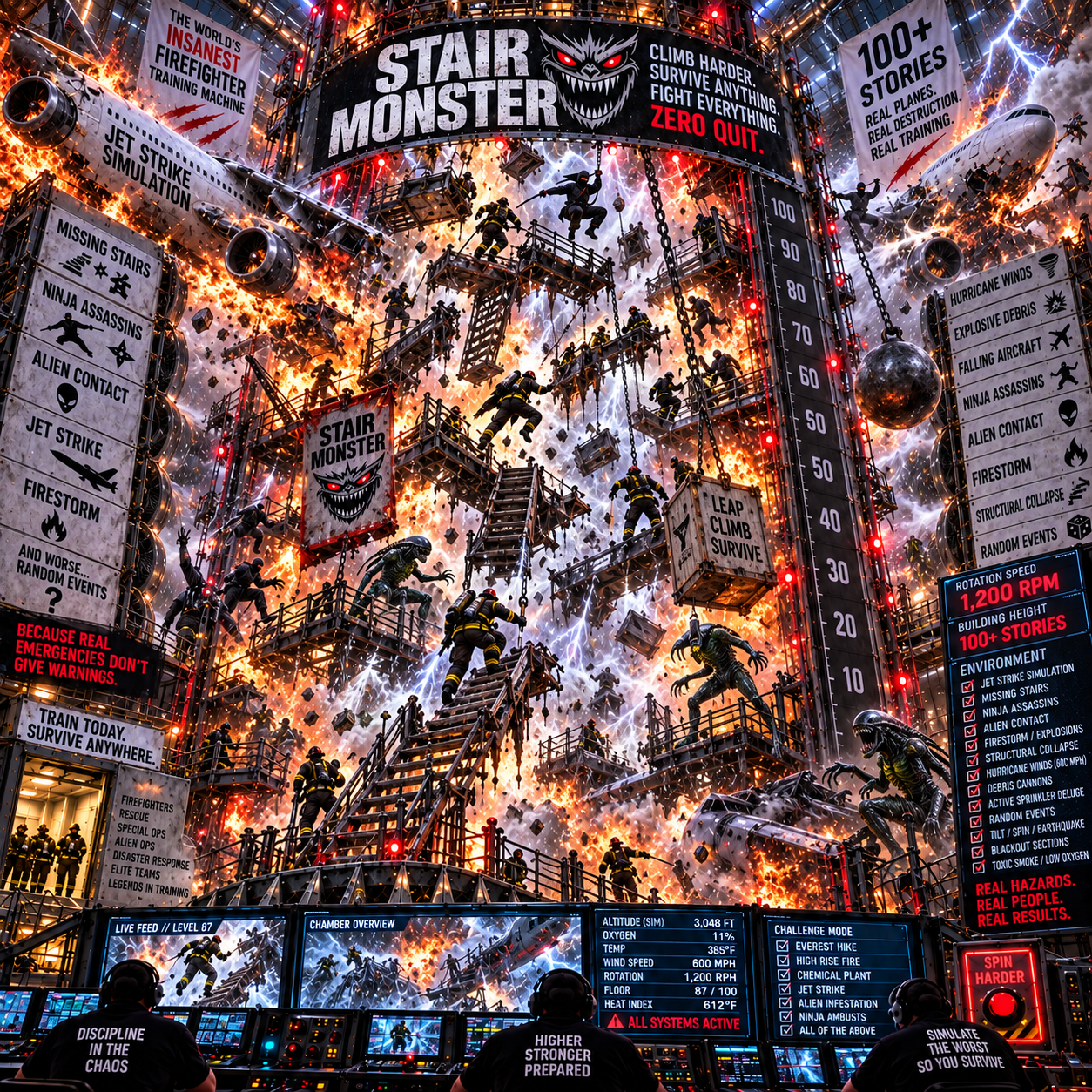 All-Hazards Final Boss with missing stairs, ninjas, aliens, aircraft and fire