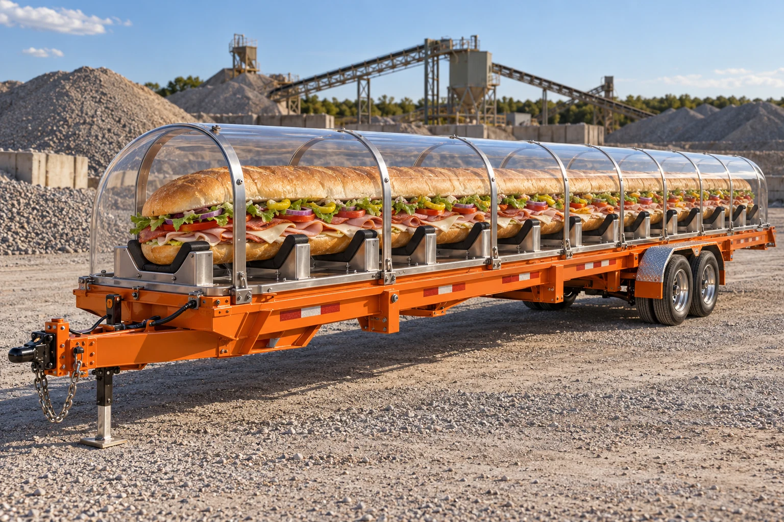 Orange trailer transporting a 36-foot sub beneath a clear canopy