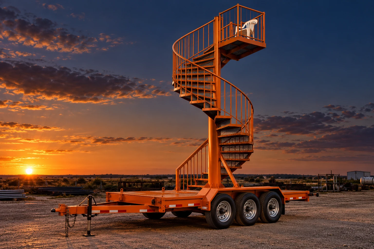 Orange trailer carrying a towering spiral staircase ending at a single lawn chair
