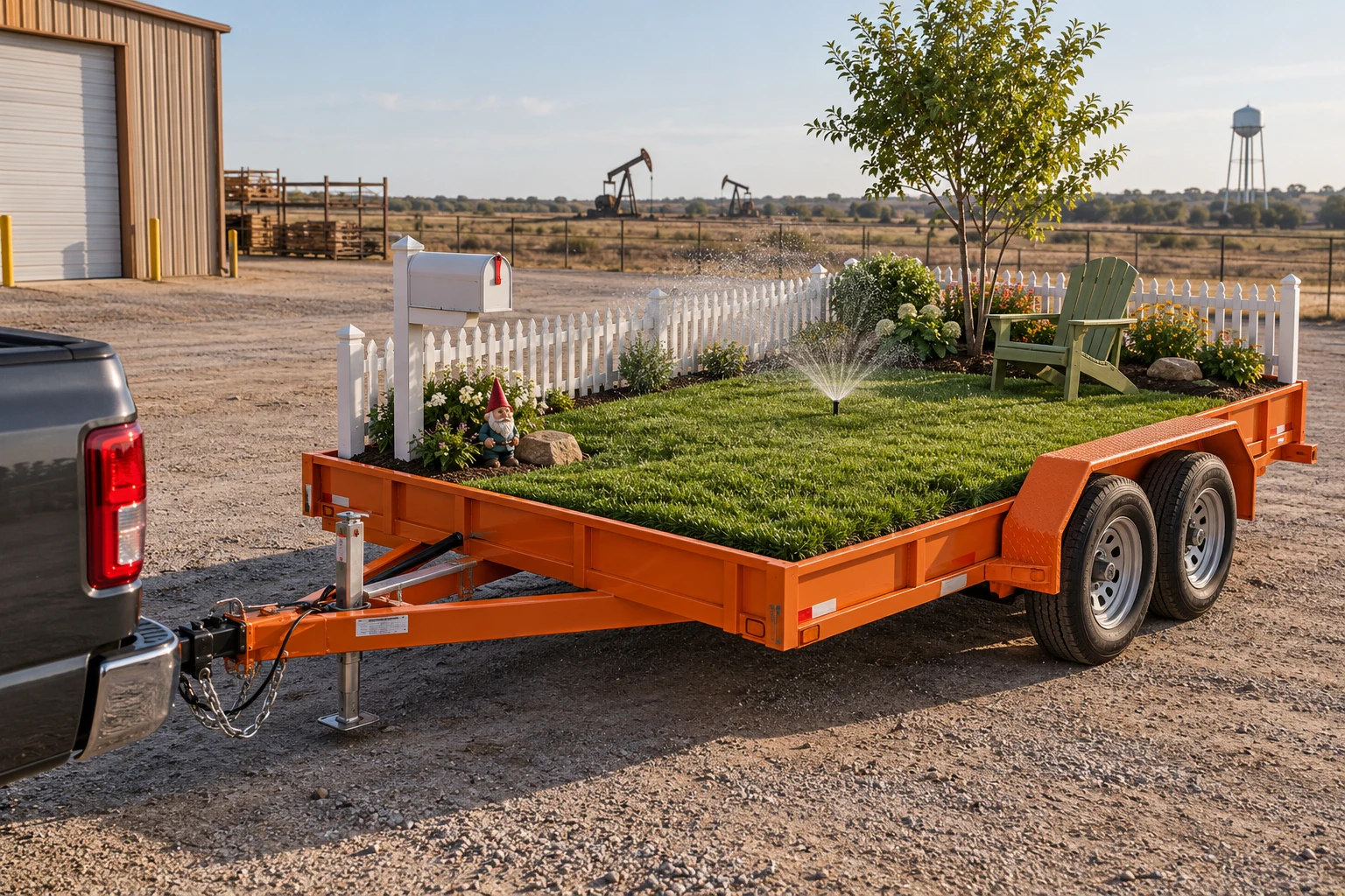 Complete fenced green front lawn with mailbox mounted on an orange trailer